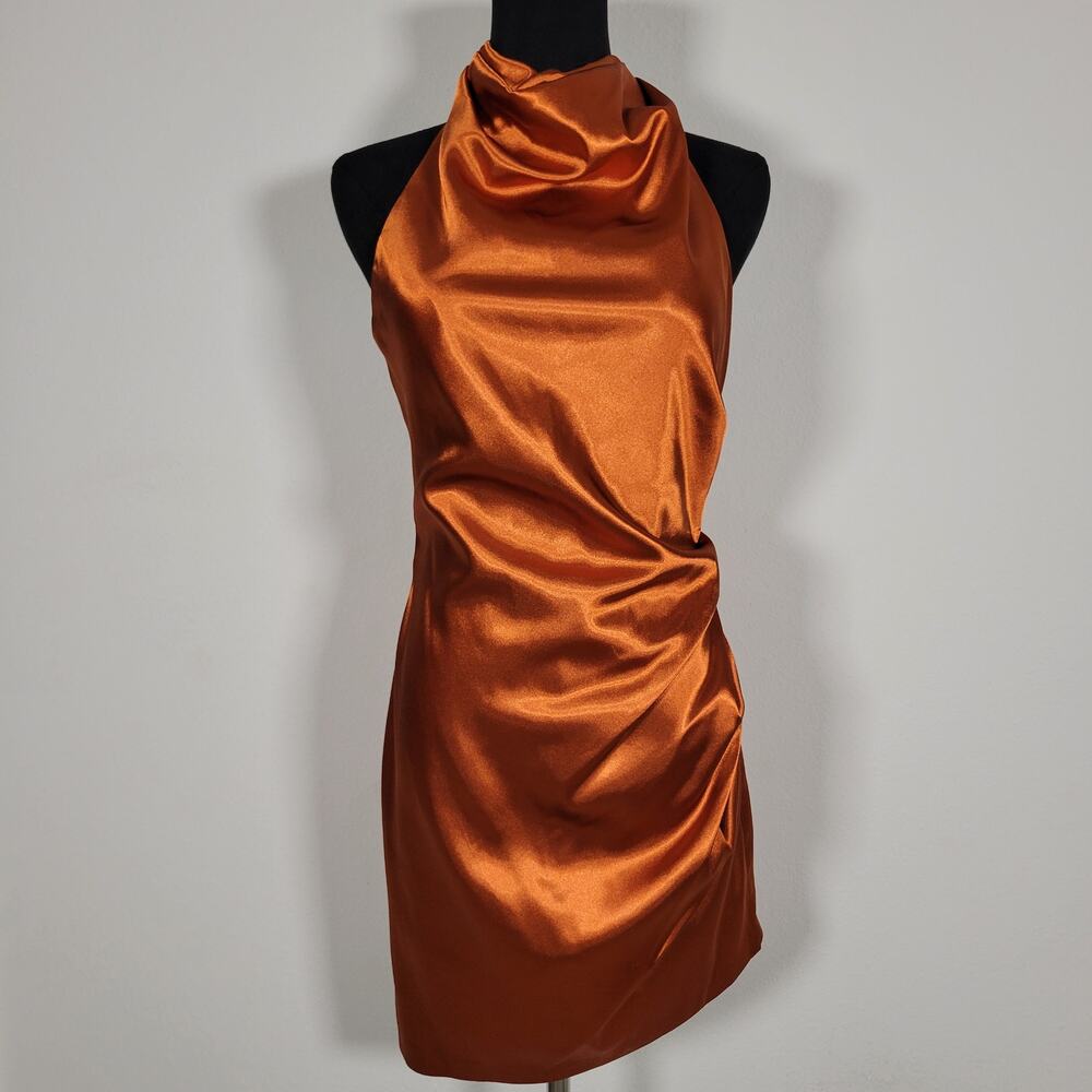 Gianni Bini Peyton Satin Mini Dress Copper size 3 Ruched Asymmetrical Hem